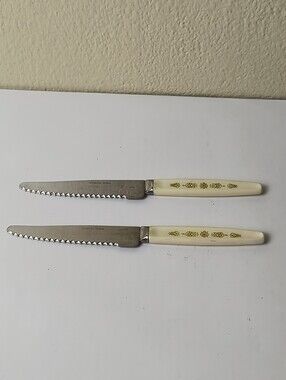 Stainless SteelSet of 2 Vintage Serrated Dinner Knives with Cream Floral Handles